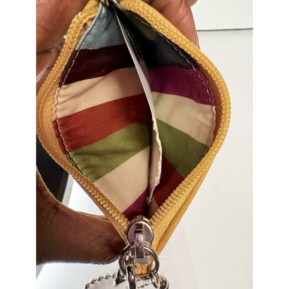 COACH Crossgrain Leather Zip Card Case Yellow Gold Mini ID Skinny Key Ring - Picture 3 of 3